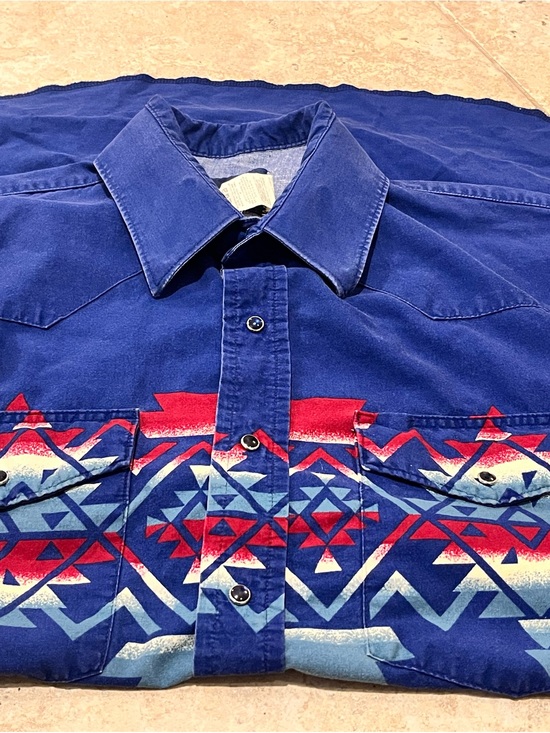 Wrangler Other - Wrangler TRUE Brushpopper Pearl Snap Blue Aztec Western Navajo XL EUC RARE